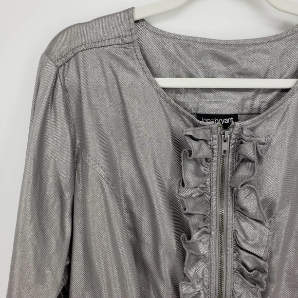 Lane Bryant Zip Up Jacket 18 Ruffle Collarless Linen & Cotton Metallic Silver - Picture 4 of 8